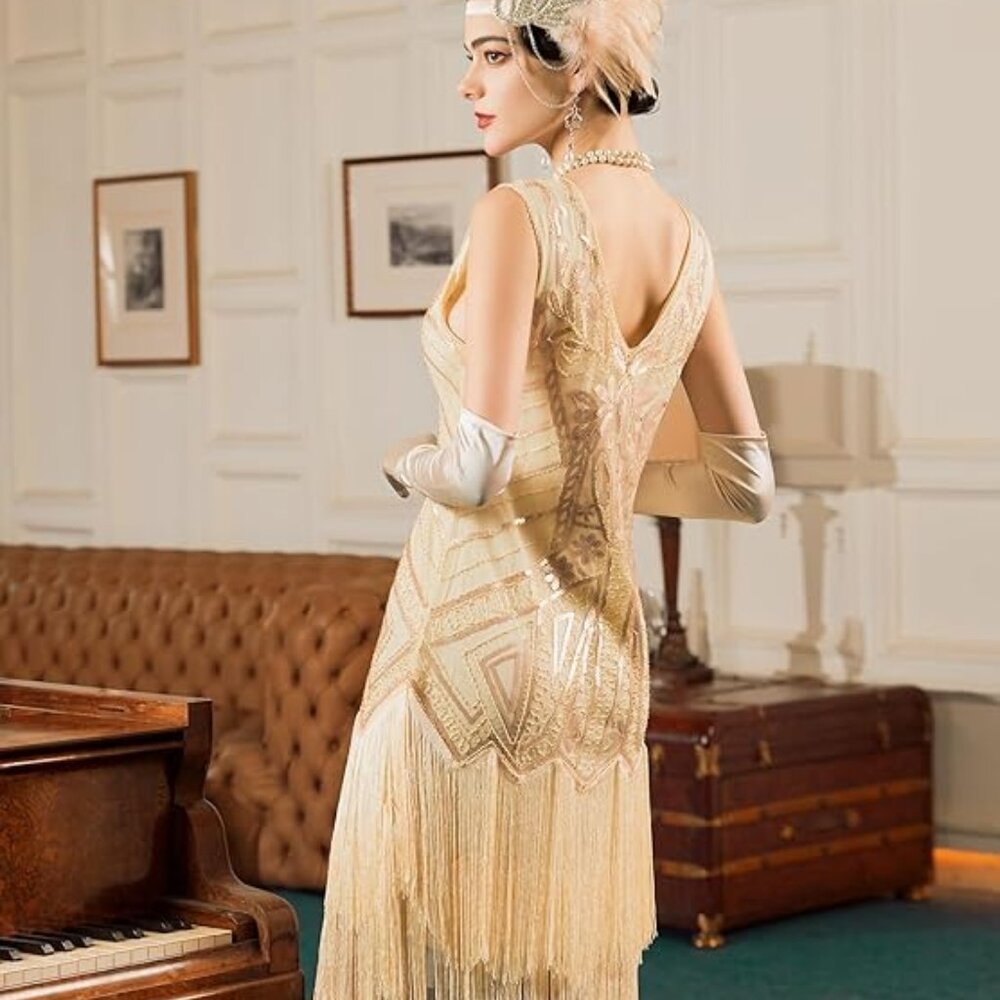 Flapper Dress Costume 1920s Great Gatsby Sequin Fringe dress with accessories